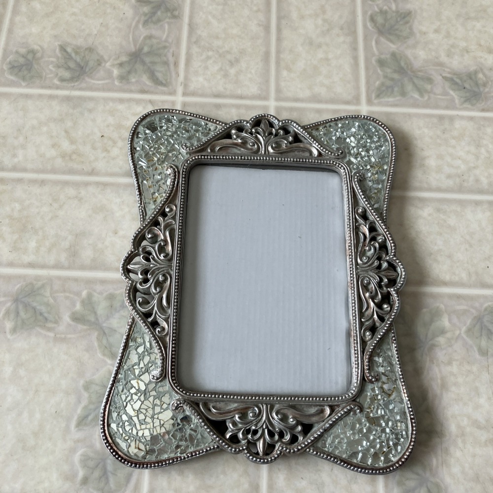 Silver frame Art Deco Maximalist Faceted Cut Glass Ornate Fleur De Lis Swirl
